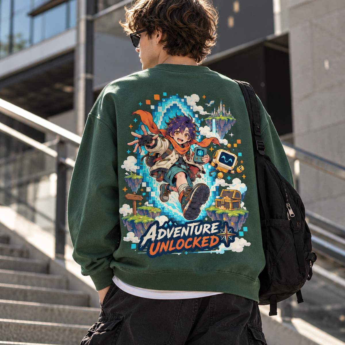 Pixel Quest Adventure Anime Youth Sweatshirt - back print on model