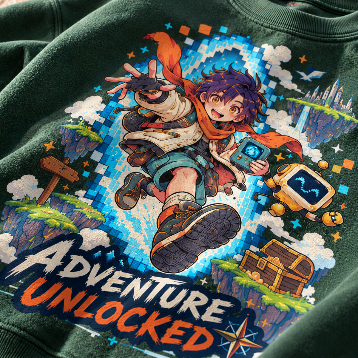 Pixel Quest Adventure Anime Youth Sweatshirt - close-up print detail