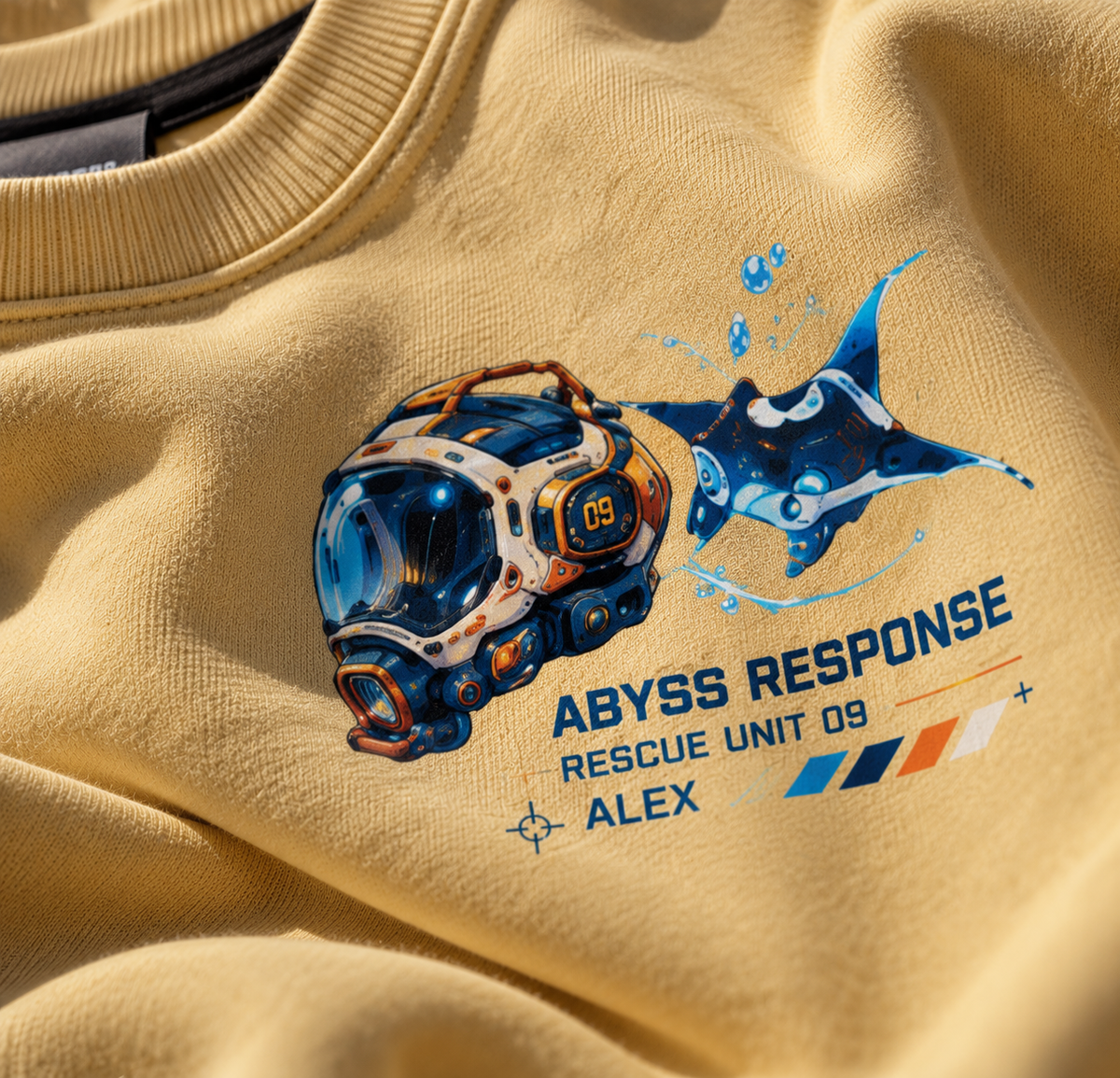Beyond Horizons Sci Fi Anime Youth Sweatshirt Pale Yellow - close up print detail