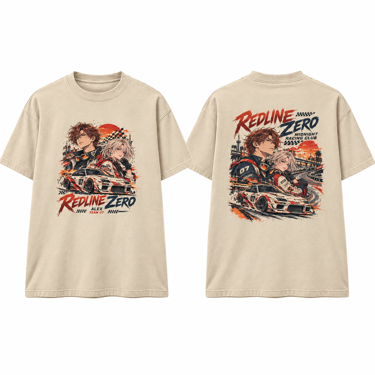 Redline Zero Racing Anime Graphic T-Shirt - front and back product mockup