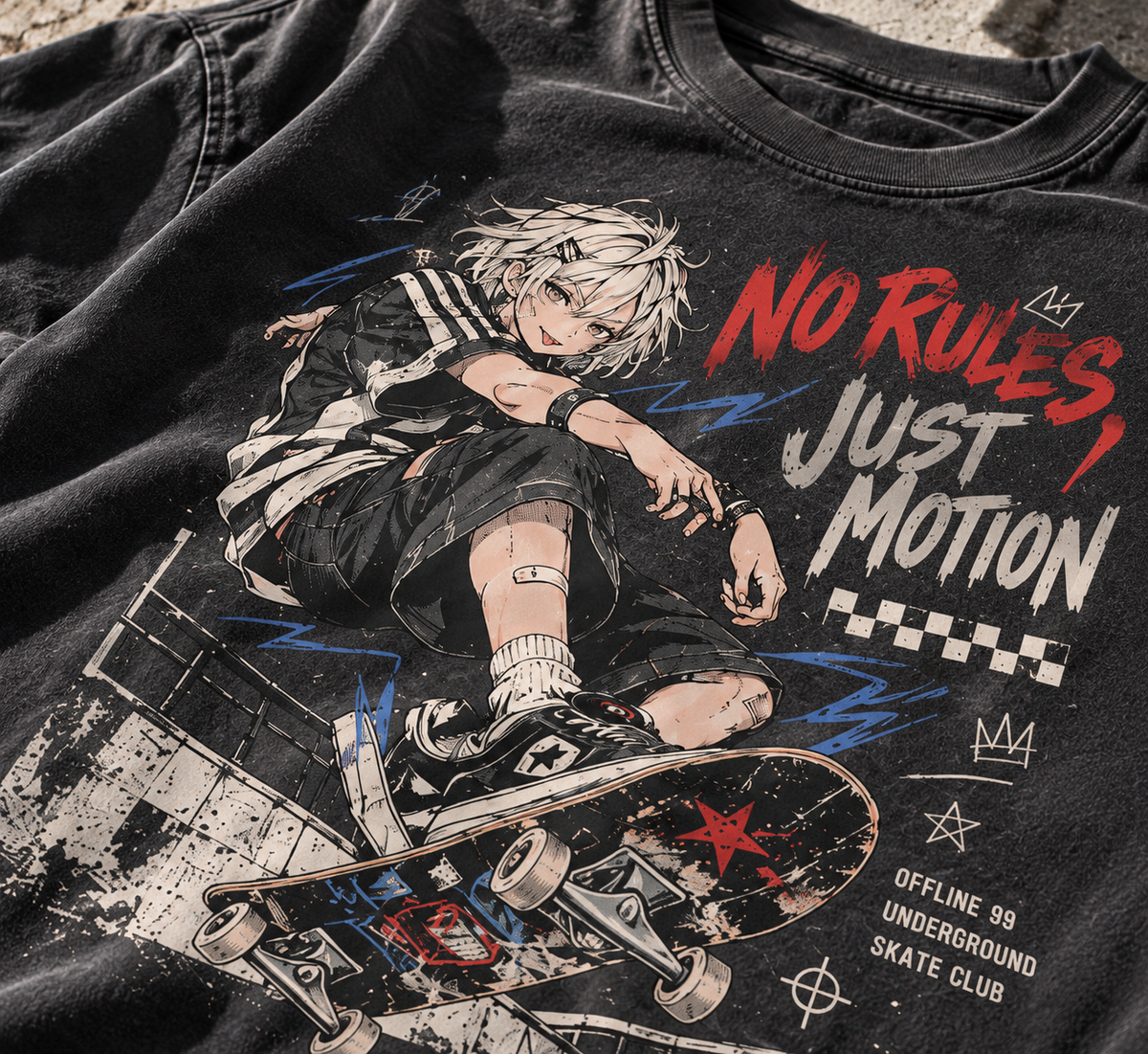 No Rules Just Motion Skate Anime Graphic T-Shirt - close-up print detail