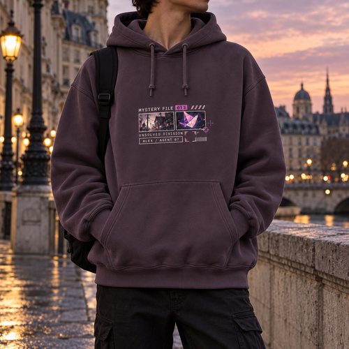 After Dark Mystery Anime Graphic Hoodie Deep Plum - front print view