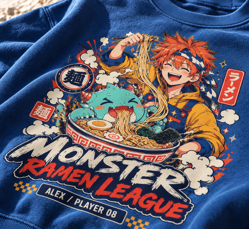 Monster Ramen League Anime Youth Sweatshirt - close-up print detail
