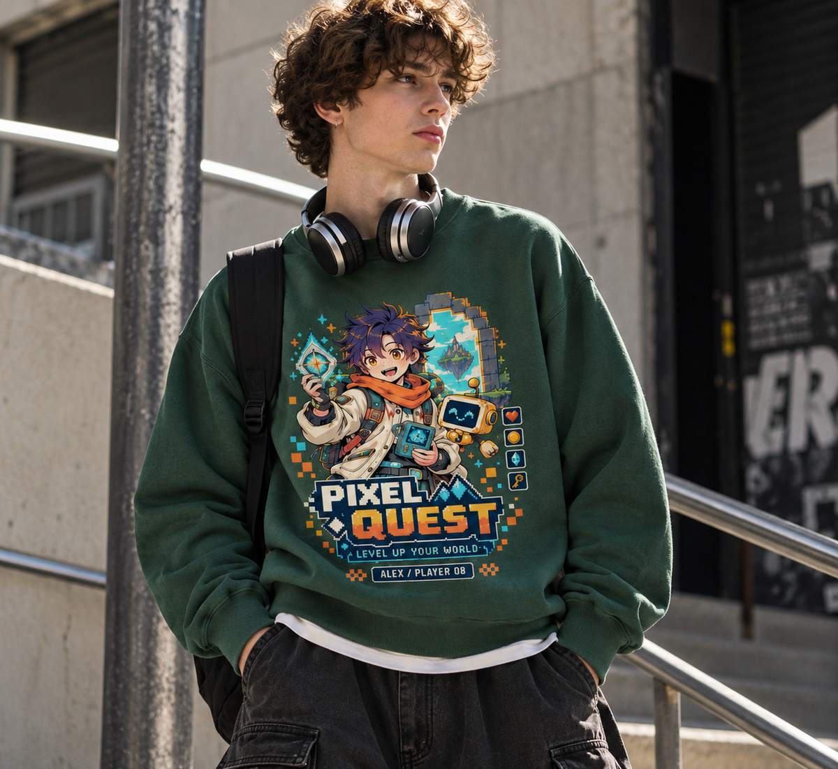 Pixel Quest Adventure Anime Youth Sweatshirt - front print on model