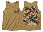 One Piece Grand Adventure Anime Graphic Tank Top in Mustard - front and back garment view