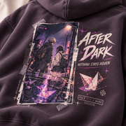 After Dark Mystery Anime Graphic Hoodie Deep Plum - close up print detail
