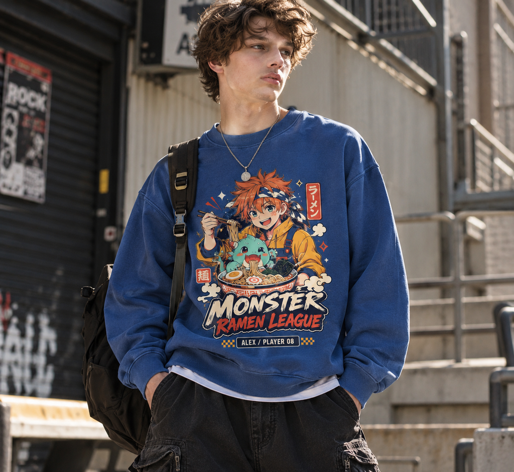 Monster Ramen League Anime Youth Sweatshirt - front print on model