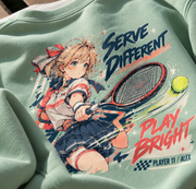 Serve Strong Anime Tennis Youth Sweatshirt Sage Green - close up print detail
