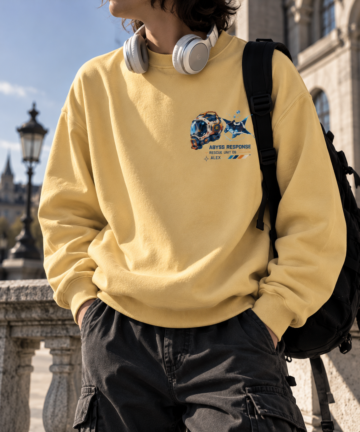 Beyond Horizons Sci Fi Anime Youth Sweatshirt Pale Yellow - front print view