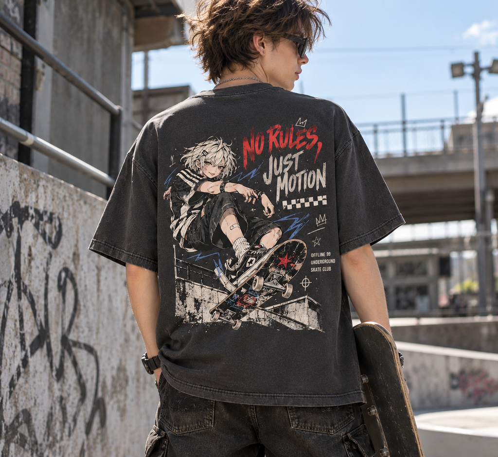 No Rules Just Motion Skate Anime Graphic T-Shirt - back print on model
