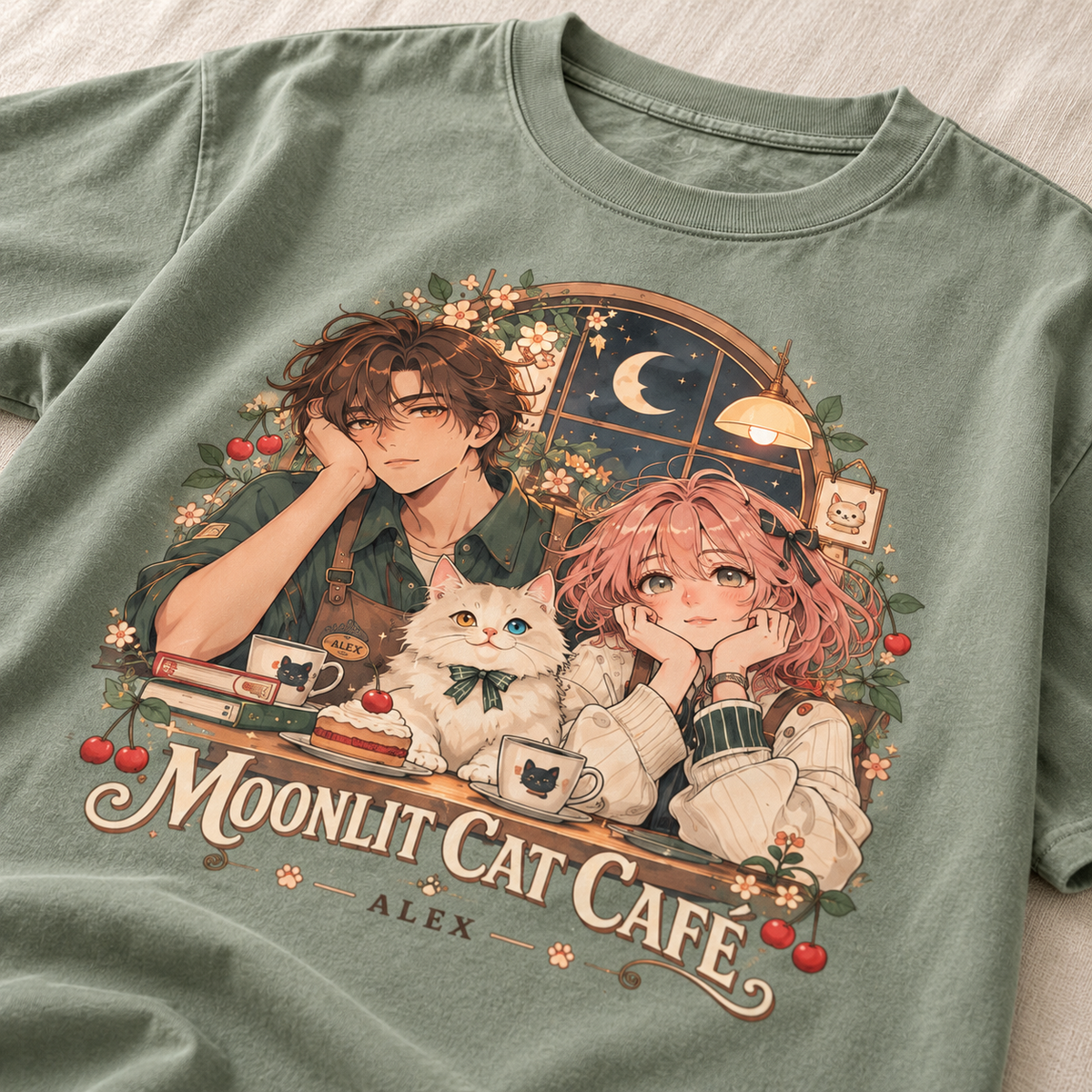 Moonlit Cat Cafe Anime Graphic T-Shirt - close-up print detail