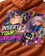 Insert Your Dreams Cyberpunk Gaming Anime Hoodie Burnt Orange - close up print detail