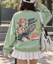 Serve Strong Anime Tennis Youth Sweatshirt Sage Green - back print view