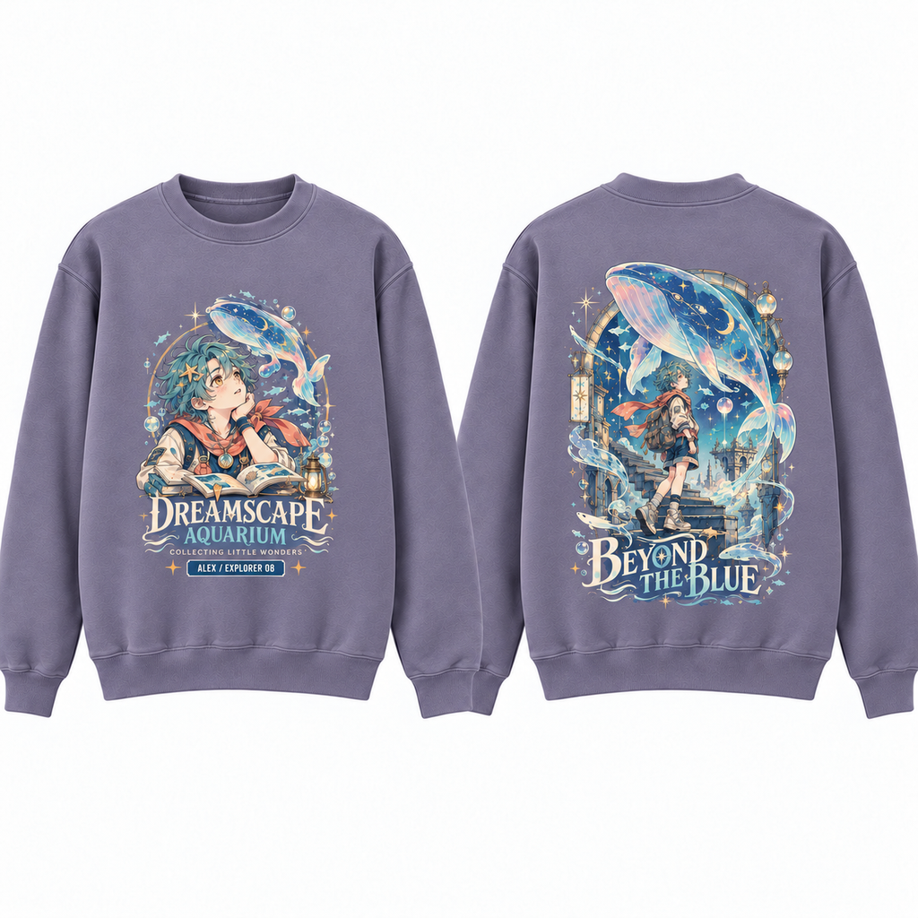 Beyond the Blue Anime Ocean Youth Sweatshirt Lavender - front and back hoodie or garment mockup