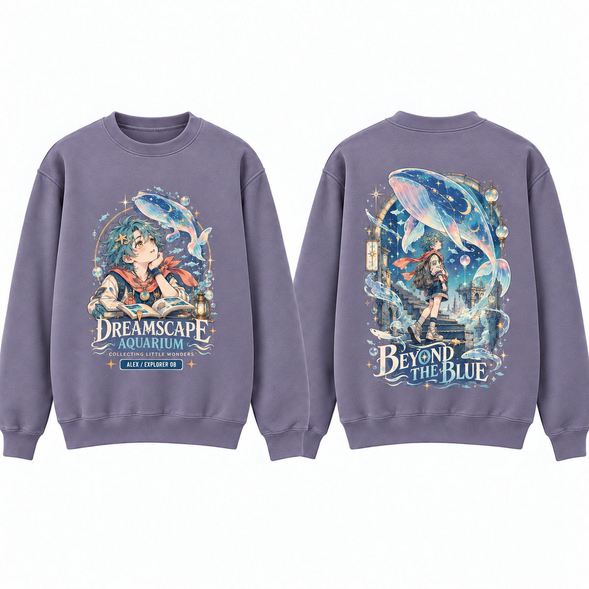 Beyond the Blue Anime Ocean Youth Sweatshirt Lavender - front and back hoodie or garment mockup