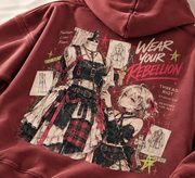 Gothic Punk Anime Fashion Graphic Hoodie Washed Red - close up print detail