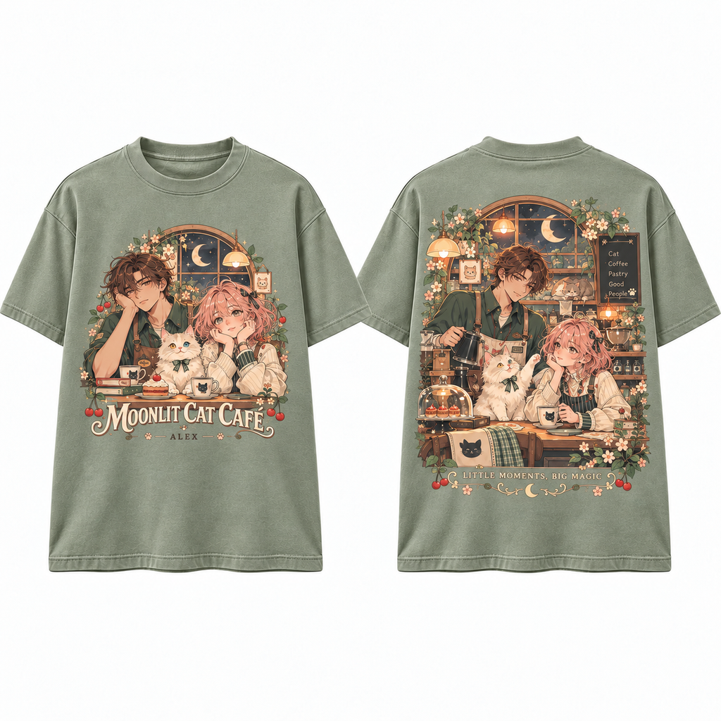 Moonlit Cat Cafe Anime Graphic T-Shirt - front and back product mockup