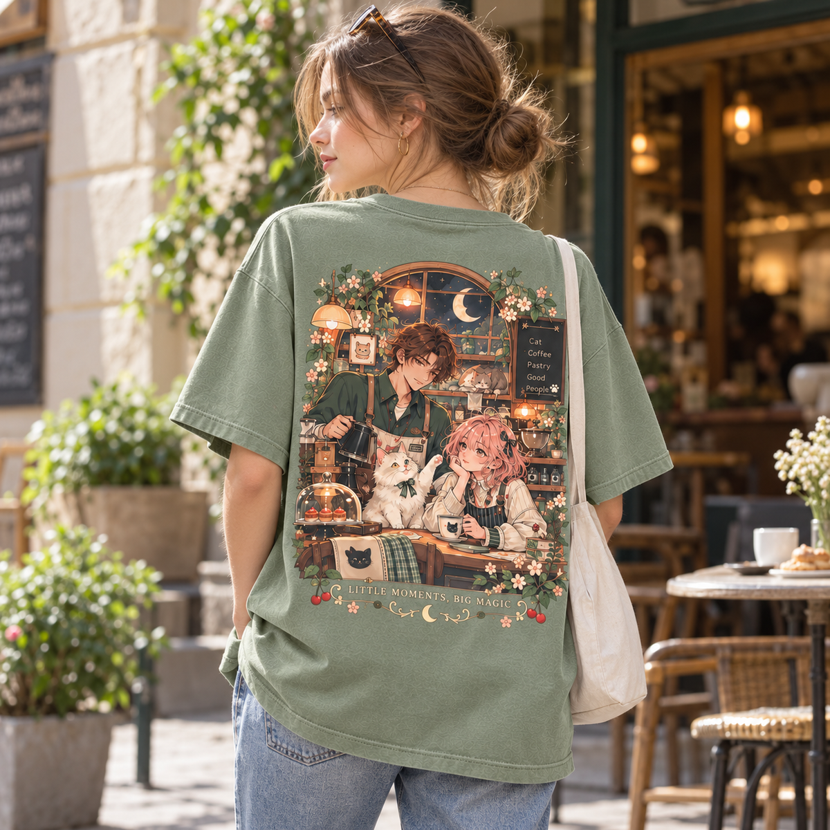Moonlit Cat Cafe Anime Graphic T-Shirt