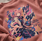 Play the Beat Anime Music Youth Sweatshirt Dusty Pink - close up print detail