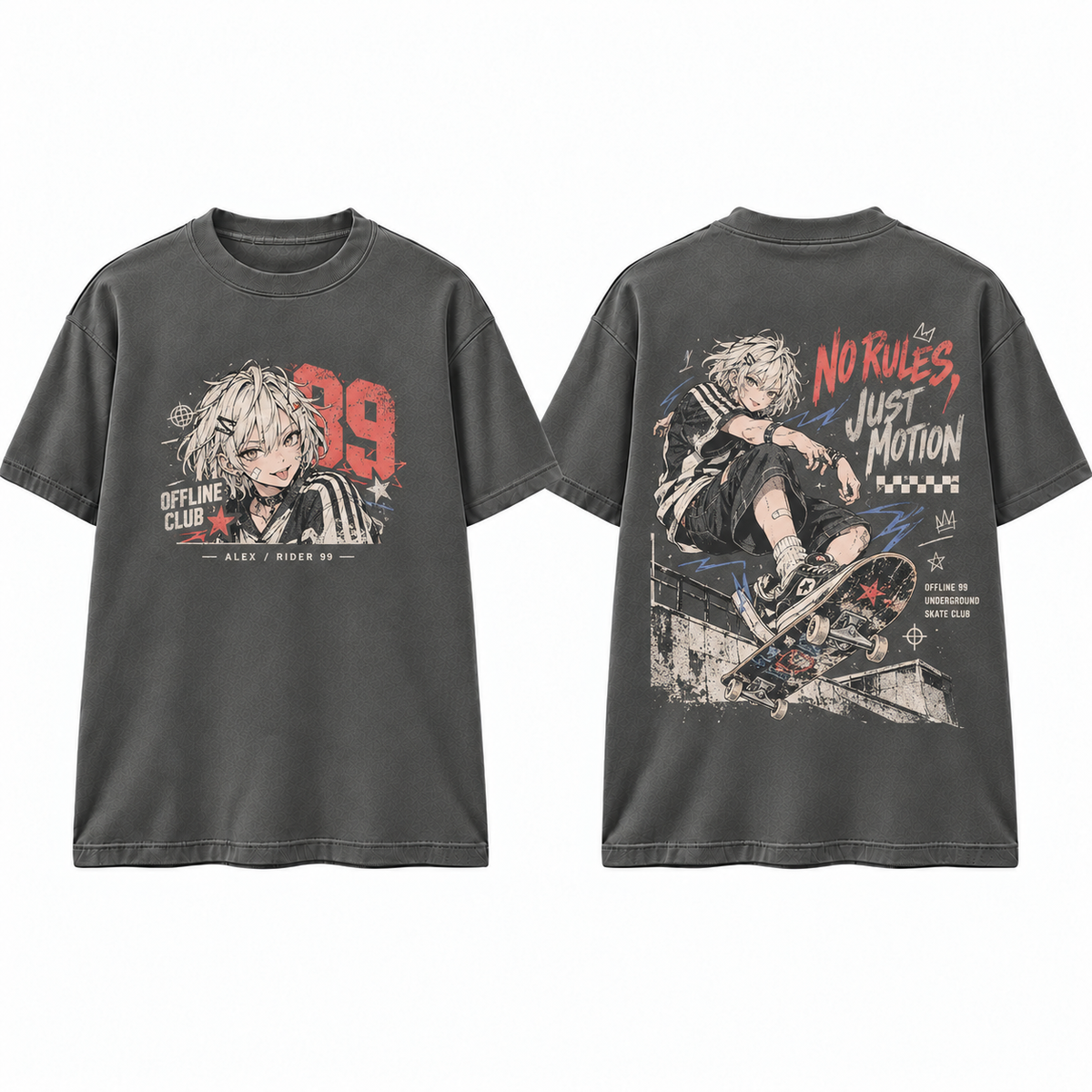 No Rules Just Motion Skate Anime Graphic T-Shirt - front and back product mockup