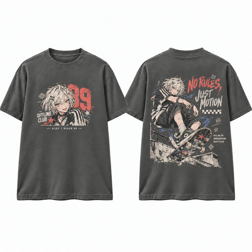 No Rules Just Motion Skate Anime Graphic T-Shirt - front and back product mockup