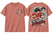 Ranma Two Sides One Legend Anime Graphic T-Shirt in Washed Coral - front and back garment view